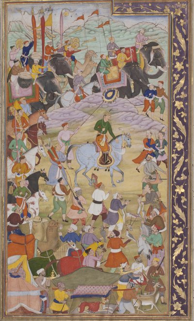 Keisari Akbar metsästää Sanganerissa matkalla Gujaratiin, 1600-10 (läpinäkymätön wc ja kultaa paperilla) tekijältä Mukund